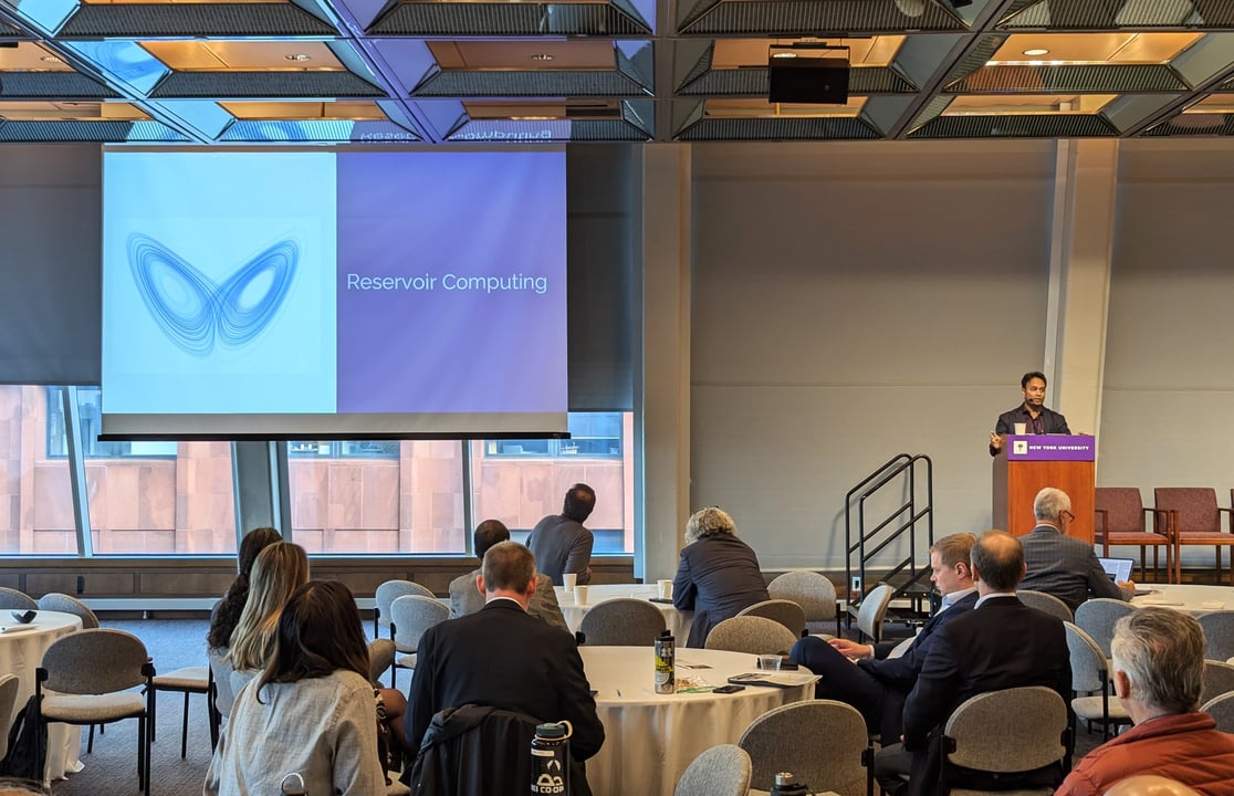 Dr. Prajnesh Kumar presenting at the NYC Quantum Summit on reservoir computing